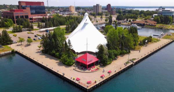 Aerial photo of the Roberta Bondar Park and Tent Pavilion and surrounding area.