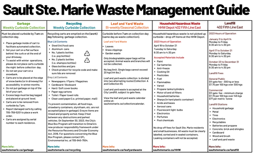 Sault Ste. Marie Waste Management Guide. Garbage Weekly Curbside Collection. Must be placed curbside by 7 am on collection day. Place garbage inside of cart to facilitate automated collection. Set your cart on a flat surface behind  the curb or at the end of your driveway. To assist with winter  operations, please do not place carts curbside the night  before collection  day. Do not set your cart on a snowbank. Carts are to be placed at the edge of snow banks (or in driveway) for accessibility  in winter months. Do not put garbage on top of the lid of your cart. Excess bags must be bag tagged and placed at ground  level. Carts are to be removed from curbside by 7 pm. Report damaged carts by calling 705-759-5201 to place a work order. Carts are assigned by serial number to each residence. More info: saultstemarie.ca/garbage. Recycling Weekly Curbside Collection. Recycling carts are emptied on the (work) day following garbage collection. Blue Lid Contents. Steel (tin) food cans Aluminum  cans No. 1 plastic bottles (i.e. pop bottles) No. 2 plastic bottles (i.e. shampoo bottles) Glass bottles and jars Check product for recycle code and make sure lids are removed. Grey Lid Contents Newspapers / Flyers / Magazines Cardboard / Boxboard Hard / Soft cover books Paper egg cartons Toilet / Paper towel rolls Clean used paper (i.e. printed paper, mail). To prevent contamination, all food trays, strawberry containers, styrofoam, etc. are not accepted (place in garbage). Ensure items are rinsed and properly sorted. Keep 3 feet between any obstructions and parked vehicles. On September 30, 2023, the City’s Blue Box Program will transition to Ontario’s new producer responsibility framework under the Resource Recovery and Circular Economy Act, 2016. For questions concerning the Blue Box Program, please contact GFL Environmental Inc. at 705-945-7554. More info: saultstemarie.ca/recycling. Leaf and Yard Waste Bi-weekly/Seasonal Collection Curbside before 7 am on collection day (same day as waste collection). Leaf and Yard Waste Leaves Grass clippings Garden waste. Only biodegradable paper bags will be accepted. Animal waste and branches will not be collected. No bag limit. Single bags cannot exceed 20 kgs (44 lbs.) Leaf and yard waste collection  is divided  into two alternating routes (Collection  A and Collection B). Leaf and yard waste is accepted at the City Landfill, subject to gate fees. View the leaf and yard waste calendar online at: saultstemarie.ca/collectioncalendar. More info: saultstemarie.ca/leafyardwaste. Household Hazardous Waste HHW Depot 402 Second Line E. Household hazardous waste is not picked up curbside - drop off items at the HHW Depot. 2023 Hours of Operation April 18 to October 21 Tuesday to Saturday 8:30 am to 4:30 pm. Accepted Materials Include Paint Car batteries Anti-freeze Cooking Oil Pesticides Fuel Flammables Varsol Propane tanks/cylinders Motor oil and oil filters Household batteries Sharps (in hard plastic container) Acids and bases Aerosol cans Fluorescent light bulbs Electronics Perfumes Pool chemicals. No drop off fees for Sault Ste. Marie residents and small businesses. All waste must be clearly labelled, sorted and in sealed containers. Leaking containers will not be accepted. More info: saultstemarie.ca/HHW. Landfill 402 Fifth Line East 2023 Hours of Operation January 3 to April 14 Monday to Friday 8:30 am to 4:30 pm April 17 to October 21 Monday to Saturday 8:30 am to 4:30 pm October 23 to December 31 Monday to Friday 8:30 am to 4:30 pm Landfill Fees General Public $11 gate fee - 300 kg or less $7.70 per 100 kgs over 300 kgs Commercial $11 gate  fee - minimum charge $7.70 per 100 kgs over 145 kgs $77 per metric  tonne. Landfill Stations Household garbage Metal Tires Electronics Recyclables Batteries and propane Concrete, brick and shingles Cardboard Wood and brush Leaf and yard waste. More info: saultstemarie.ca/landfill.