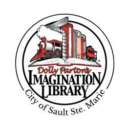 Dolly Parton's Imagination Library Logo - A red train drives through a tunnel through red books