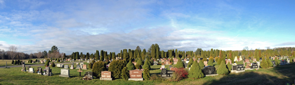 A panoramic view of a serene cemetery surrounded by lush trees and green grass