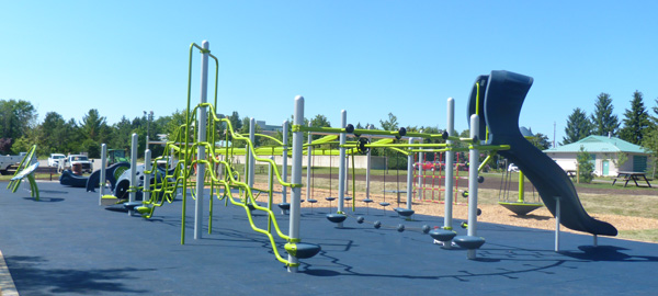 A bright green and navy blue set of playground equipment at Bellevue Park