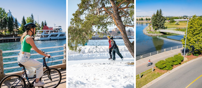 Three images of different activities to participate in at the Sault Ste. Marie Waterfront. Includes biking, ice skating and walking paths