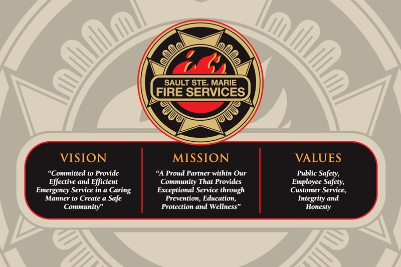 The Sault Ste. Marie Fire Services Crest above their, vision, mission and value statements