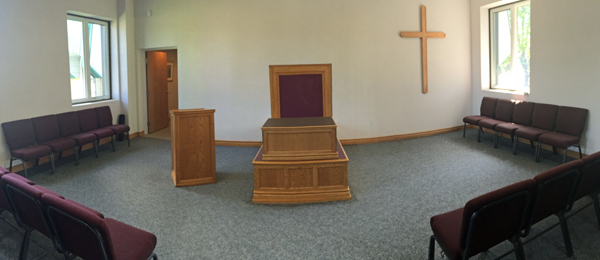 The main room of the Cemetery Chapel located at the Greenwood Cemetery